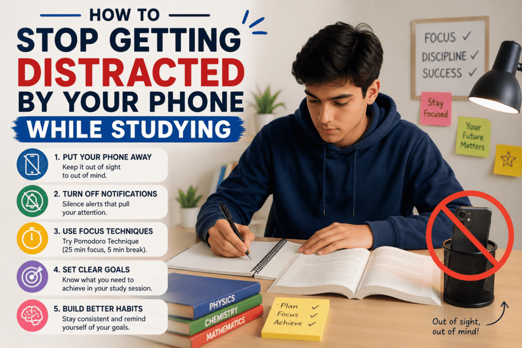 Student avoiding phone distractions while studying at a desk.