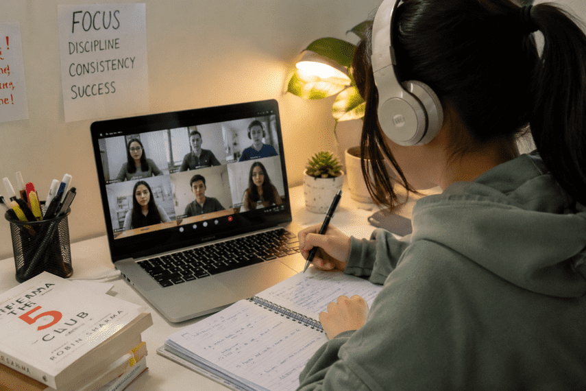 Student studying online with virtual strangers in a focused virtual study room to improve productivity and concentration.