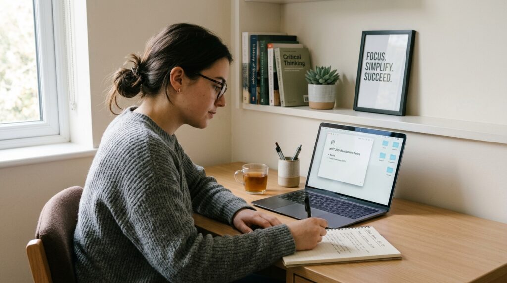 Student practicing minimalist study habits with an organized digital workspace