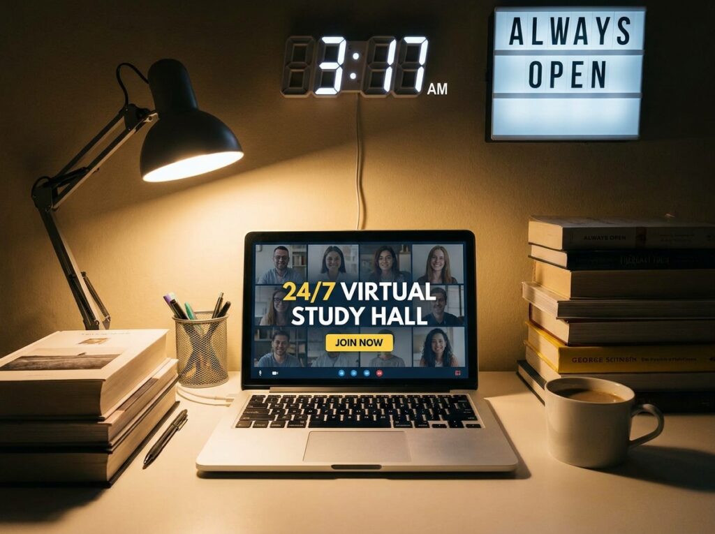 Student studying in a 24/7 online study room with laptop and digital workspace for focused learning anytime.