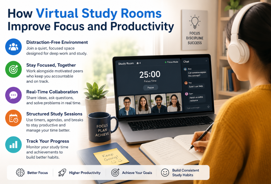 Student using a virtual study room to improve focus and productivity during online learning