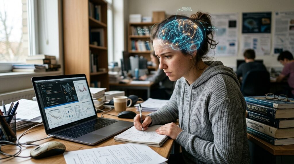 Illustration of the human brain forming neural connections during learning, showing memory creation, neuroplasticity, and cognitive development./ study mates.