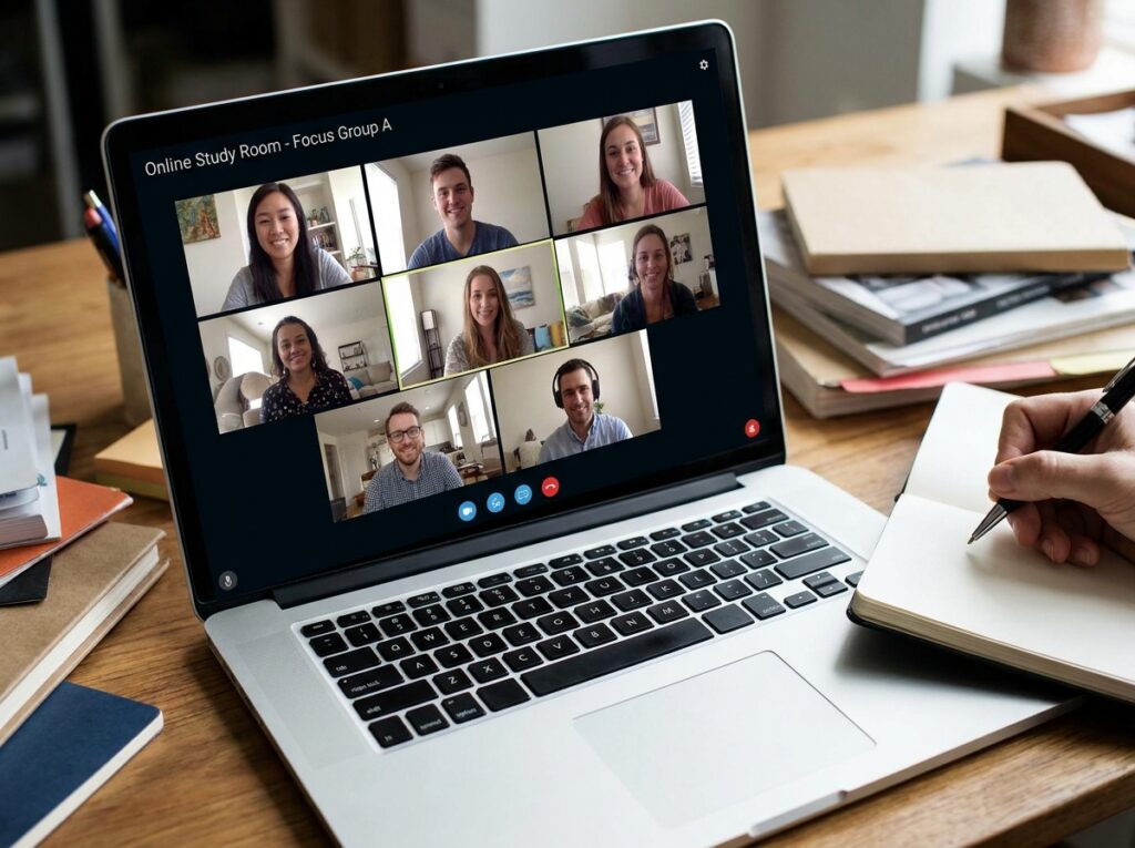 Student studying in an online study room on a laptop with productivity tools, virtual study groups, and a distraction-free learning environment./study mates.